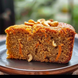 May include: A slice of carrot cake with cashews on top. The cake is a light brown color and has a moist texture. The cashews are scattered on top of the cake and are a light brown color.