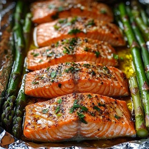 Op de afbeelding: Een close-up van een bakplaat met vijf stukken zalmfilets, elk gekruid met kruiden en specerijen, en asperges. De zalm is gebakken en heeft een goudbruine kleur. De asperges zijn groen en gebakken.