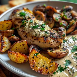 Receta de pollo griego con coco, ajo, patatas asadas y pesto cremoso de champiñones y albahaca: tarjeta imprimible para una cena deliciosa