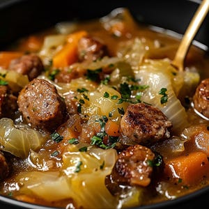 Könnte beinhalten: Eine Nahaufnahme einer Schüssel mit Wurst- und Kohlsuppe. Die Suppe ist hellbraun und mit frischer Petersilie garniert. Die Wurst ist gekocht und hat eine braune Kruste. Der Kohl ist gehackt und weich gekocht.