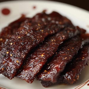 Op de afbeelding: Close-up van een bord met donkerbruine rundvlees jerky met een glanzende afwerking. De jerky is gerangschikt in overlappende stroken, waardoor een licht getextureerd oppervlak zichtbaar wordt.