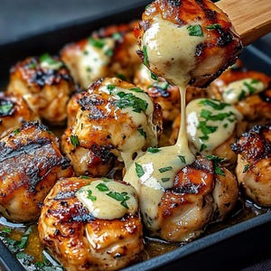Puede incluir: Primer plano de bocados de pollo a la parrilla rociados con una salsa cremosa y adornados con perejil fresco. El pollo está dispuesto en una sartén negra.