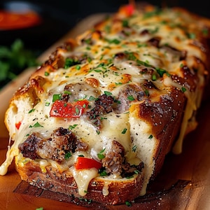 Receta de pan de ajo relleno de filete de queso – Tarjeta imprimible para una cena abundante