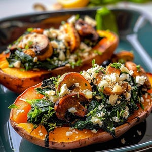 Può includere: Due metà di patate dolci al forno ripiene di funghi saltati, spinaci e formaggio sbriciolato. Guarnito con erbe fresche, il piatto è presentato su un piatto verde acqua, mostrando un pasto vibrante e appetitoso.