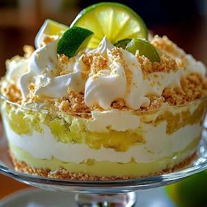 Puede incluir: Un postre trifle de lima con capas de crema batida, migas de galletas graham y relleno de lima, cubierto con rodajas de lima.