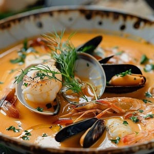 May include: A close-up shot of a seafood stew in a decorative bowl. The stew is a creamy orange color and contains shrimp, mussels, clams, and herbs. The bowl has a brown and white rim. Fresh dill is placed on top of the stew.