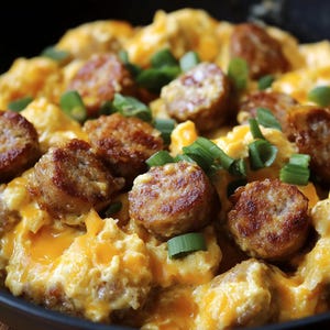 Rezeptkarte für herzhaftes hausgemachtes Rührei mit Wurst und Cheddar – Sofort-Download