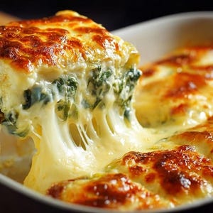 Può includere: Primo piano di un piatto al forno con una copertura di formaggio dorata e frizzante. Una porzione del piatto viene sollevata con una spatola di legno, rivelando un interno cremoso e formaggioso con verdure verdi visibili. Il piatto è una casseruola.