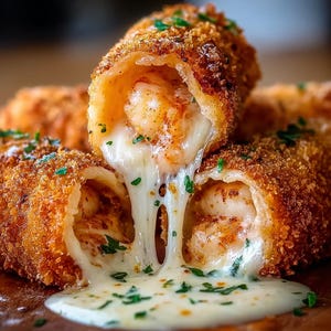 Può includere: Primo piano di involtini di cibo fritti croccanti marrone dorato con formaggio bianco cremoso fuso che cola. Gli involtini sono guarniti con erbe verdi tritate e il cibo sembra appena preparato.