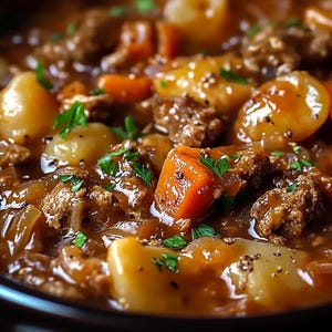 Può includere: Un primo piano di uno stufato di manzo sostanzioso con patate, carote e cipolle. Lo stufato cuoce a fuoco lento in un sugo marrone ed è guarnito con prezzemolo fresco.