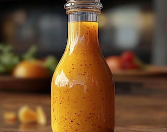 May include: A clear glass bottle with a textured surface filled with a bright orange liquid. The bottle has a glass stopper.