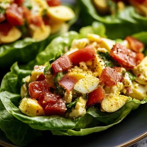 May include: A close-up of a lettuce wrap filled with chopped hard-boiled eggs, diced tomatoes, and herbs. The lettuce wrap is on a blue plate.