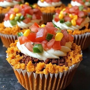 Peut inclure: Gros plan sur un cupcake avec une base en chocolat et un tourbillon de glaçage blanc garni de tomates en dés, de grains de maïs et d'oignons verts. Le cupcake est entouré d'autres cupcakes similaires.