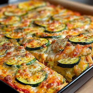 Può includere: Primo piano di una teglia rettangolare piena di una pizza di zucchine con formaggio. La pizza è condita con fette di zucchine, formaggio fuso ed erbe.