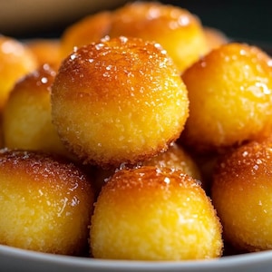 Puede incluir: Primer plano de un bol lleno de pequeños pasteles redondos de color amarillo dorado. Los pasteles están cubiertos de un glaseado brillante y tienen una textura ligeramente granulada.