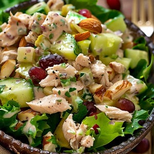 Può includere: Un primo piano di un'insalata di pollo con uva, cetrioli, mandorle e lattuga. L'insalata è in una ciotola marrone ed è pronta per essere servita.