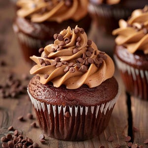 May include: Close-up of chocolate cupcakes with brown frosting and chocolate chips. The cupcakes are in white paper liners and sit on a wooden surface. Several chocolate chips are scattered around the cupcakes.