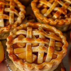 Può includere: Primo piano di diverse mini torte di mele con croste a griglia. Le torte hanno una crosta dorata e sono ripiene di fette di mela visibili. Le torte sono disposte su una superficie argentata, mettendo in mostra i prodotti da forno.