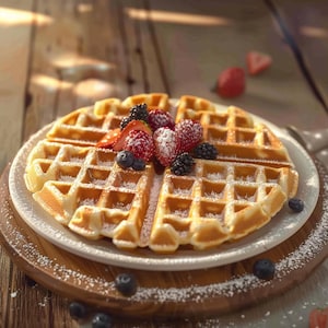 Puede incluir: Un gofre dorado, espolvoreado con azúcar glas, se presenta en un plato blanco sobre una tabla de madera. El gofre está adornado con fresas, arándanos y moras, ofreciendo una presentación colorida y apetitosa.