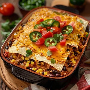 Può includere: Una teglia al forno con strati di carne macinata, fagioli neri, mais e formaggio. Guarnita con nachos, pomodori a cubetti, fette di jalapeño e coriandolo. Il piatto è in una pirofila rettangolare marrone scuro.