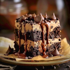 Può includere: Un dessert al cioccolato a strati con una ricca base di brownie marrone scuro e un ripieno cremoso marrone chiaro. Il dessert è cosparso di salsa al cioccolato e guarnito con gocce di cioccolato, servito su un piatto marrone chiaro.