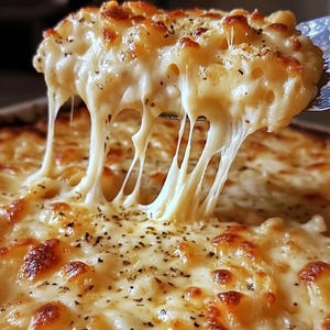 Pode incluir: Um close-up de um prato de forno cheio de macarrão com queijo. O queijo está derretido e pegajoso, e há pequenos grãos de pimenta preta polvilhados por cima.