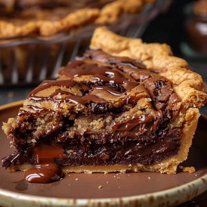 May include: A slice of chocolate chip cookie dough pie with a chocolate ganache topping. The pie crust is golden brown and the filling is rich and decadent.