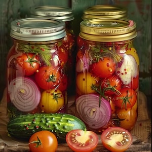 Peut inclure: Des bocaux en verre remplis de tomates marinées, de tranches d'oignons rouges et d'aneth. Les bocaux ont des couvercles argentés et dorés. Un concombre et des tomates tranchées sont devant les bocaux. Les tomates sont rouges et jaunes.