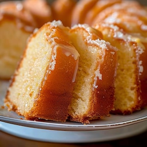 May include: Close-up of a sliced, glazed bundt cake on a plate. The cake has a golden-brown crust and a light yellow interior. The glaze is a creamy white colour and is drizzled over the top of the cake. The cake is garnished with shredded coconut.