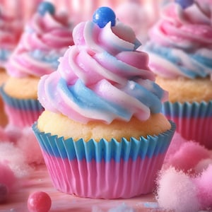 May include: A pink and blue swirl cupcake with a blue candy on top. The cupcake is in a pink and blue paper liner. The cupcake is surrounded by pink and white sprinkles.