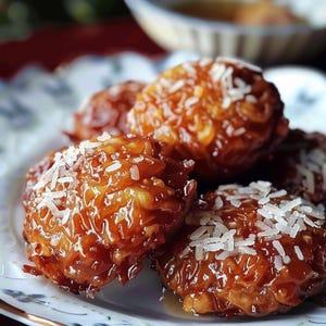 Peut inclure: Gros plan sur une assiette avec plusieurs pâtisseries rondes, dorées et glacées. Chaque pâtisserie est garnie de flocons de noix de coco blancs râpés. Les pâtisseries sont disposées sur une assiette blanche à motifs floraux.
