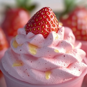 Op de afbeelding: Een roze slagroomdessert met een verse aardbei erop. Het dessert zit in een roze bekertje en heeft een swirl-ontwerp.