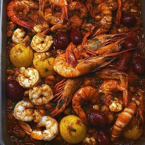 Könnte beinhalten: Nahaufnahme einer Metallpfanne gefüllt mit einem Meeresfrüchtesud. Die Pfanne ist gefüllt mit Garnelen, Krebsen, Andouille-Wurst, Maiskolben, Kartoffeln und Zitronen. Die Meeresfrüchte sind mit einer roten Sauce und Gewürzen bedeckt.