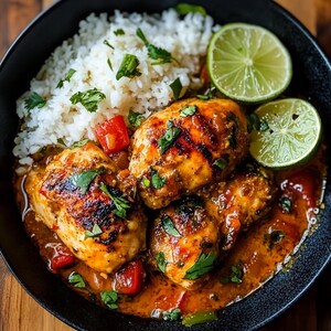 Può includere: Un primo piano di una ciotola di pollo al curry con riso bianco, spicchi di lime e coriandolo. Il pollo è grigliato e ha un colore marrone dorato. La salsa al curry è di un colore arancione intenso.