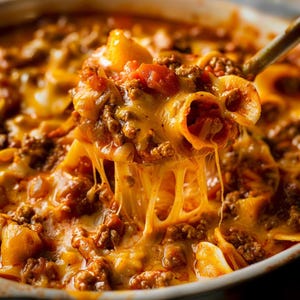 May include: A close-up shot of a baked pasta dish with melted cheese, ground meat, and tomato sauce. The cheese is stringy and golden, with visible pasta tubes and chunks of meat. The dish is in a white baking dish.