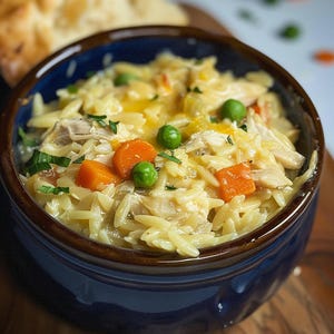 Può includere: Primo piano di una ciotola di zuppa di pollo e orzo. La zuppa contiene pasta orzo, pollo, carote e piselli. La ciotola è blu scuro con un bordo marrone, guarnita con erbe fresche. Un pezzo di pane è sullo sfondo.