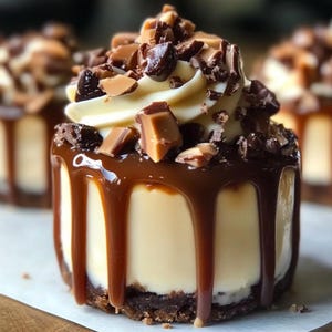 以下が含まれることがあります： キャラメルソースとチョコレートキャンディーでトッピングされた小さなチーズケーキ。チーズケーキは白い表面の上にあります。
