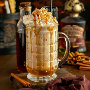May include: A large glass mug filled with a creamy beverage, topped with whipped cream and drizzled with caramel. The mug has a textured, grid-like pattern. Cinnamon sticks and bottles are in the background, suggesting a warm drink.