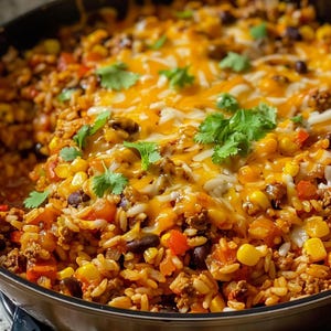 May include: A close-up of a skillet filled with a cheesy Mexican rice dish. The rice is topped with melted cheese and fresh cilantro.