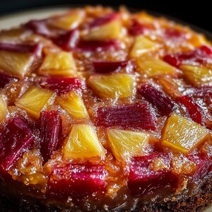 Può includere: Primo piano di una torta rovesciata all'ananas con una crosta dorata e una glassa di ananas caramellato e rabarbaro rosso.