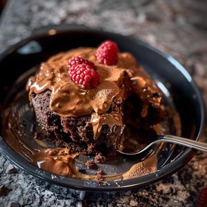 Può includere: Una torta al cioccolato con glassa al cioccolato e lamponi in cima. La torta è in una teglia nera ed è stata mangiata parzialmente.