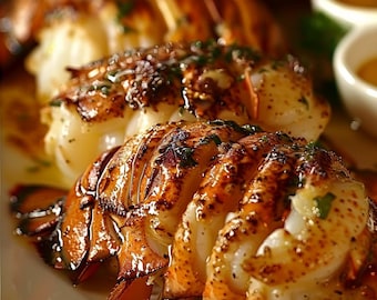 Puede incluir: Primer plano de colas de langosta a la parrilla, mostrando la carne blanca y la cáscara carbonizada de color marrón rojizo. Las colas están dispuestas en un plato blanco, brillando con un glaseado mantecoso y adornadas con hierbas frescas. Dos pequeños cuencos de salsa en el fondo.