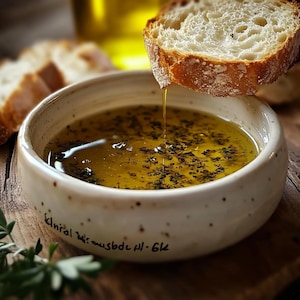 May include: A white ceramic bowl filled with olive oil and herbs. A piece of crusty bread is dipped into the bowl, with oil dripping from it.