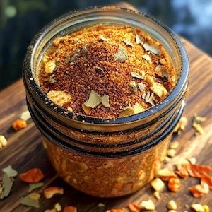 May include: A glass jar filled with a blend of spices, including dried herbs and red pepper flakes. The jar is sitting on a wooden surface.