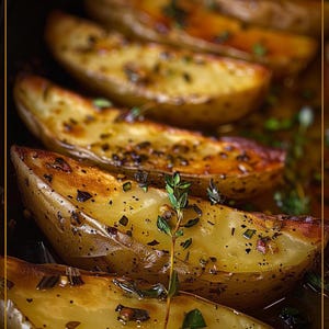 May include: Close-up of roasted potato wedges seasoned with herbs and spices. The golden-brown wedges are arranged in a row, with visible herbs and pepper flakes. Fresh sprigs of thyme are interspersed among the potatoes, adding a touch of green.