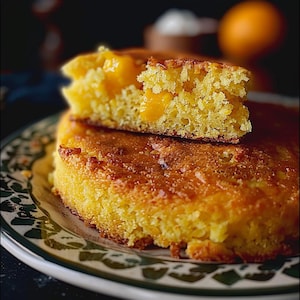 Op de afbeelding: Een close-up van een gele maiscake met een snee eruit, waardoor een heldergele binnenkant zichtbaar wordt. De cake ligt op een bord met een groen en wit patroon.