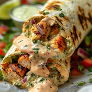 May include: A close-up of a chicken burrito with a creamy sauce. The burrito is cut in half and the filling is visible. The filling includes grilled chicken, avocado, and cilantro. The sauce is drizzled over the top of the burrito.