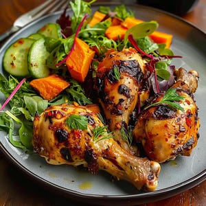 Può includere: Tre cosce di pollo grigliate con un'insalata di misticanza, cetrioli e patate dolci.