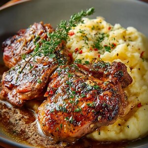 Pollo y chuletón con mantequilla de ajo y puré de parmesano cocinados a fuego lento: receta descargable de un plato reconfortante de lujo