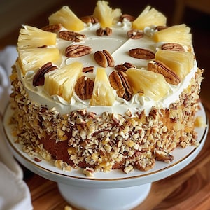 May include: A square cake with white frosting, pineapple wedges, and pecan halves. The cake's sides are coated with chopped nuts. It sits on a white cake stand with a gold rim, ready to be served.